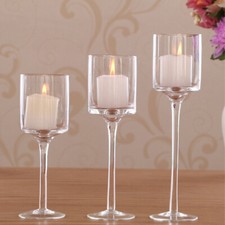3 x Tall Pillar Glass Candle Holder Set Hurricane Table Crystal Tealight Lantern
