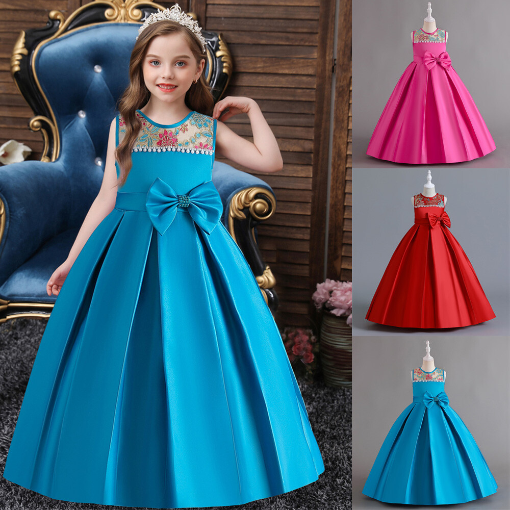 Flower Girls Kids Long Dresses Wedding Bridesmaid Pageant Party Gown  Bowknot New
