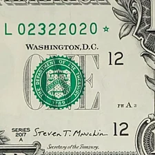 Star Note Trinary 1 Dollar Bill 2017A 3.2M Pack Note Run 1 of 3 L02322020*