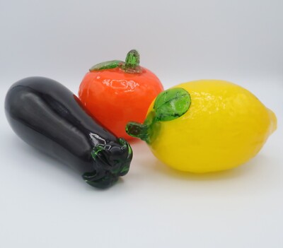 VTG Art Glass Eggplant Lemon Orange SET OF 3 Display Fruit Vegetable Textured