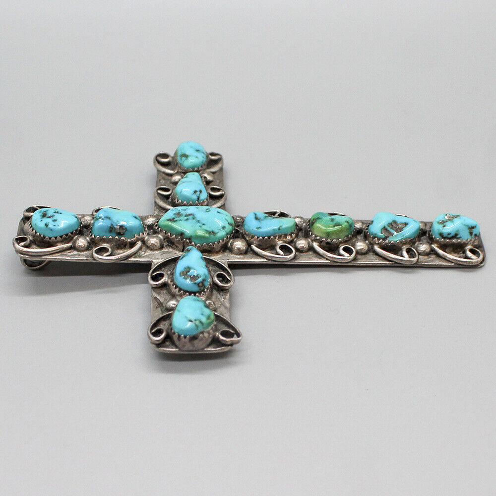 VINTAGE NAVAJO-LARGE STERLING SILVER AND TURQUOISE CROSS VINTAGE NAVAJO-LARGE STERLING SILVER AND TURQUOISE CROSS
