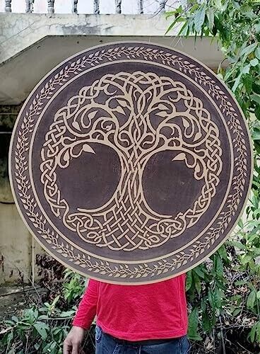 Viking Shield with Carved Old Norse Tree of Life Symbol Hand Carved Wooden Gift - Picture 1 of 4