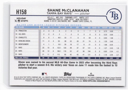 2024 Topps Holiday Shane McClanahan #H158 Silver Glitter - Picture 2 of 2