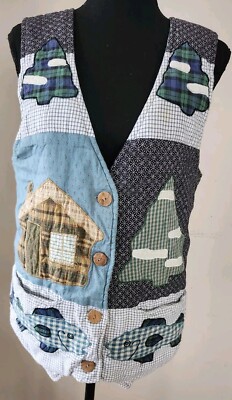 VTG Patch Magic Womens Medium Reversible Log Cabin Bear Mountain Quilted Vest