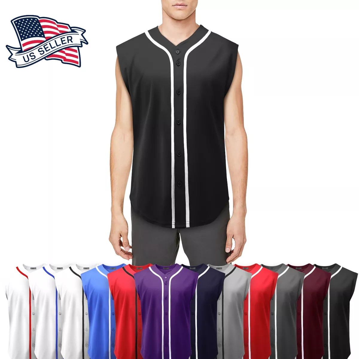 Mens Baseball Jersey Sleeveless Muscle T Shirt Uniform Solid Hipster Button  Tee