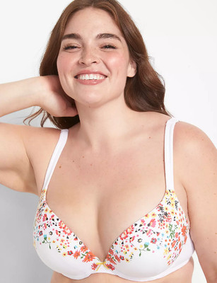 260146 LANE BRYANT WHITE FLORAL BORDER COTTON BOOST PLUNGE BRA SZ 42F