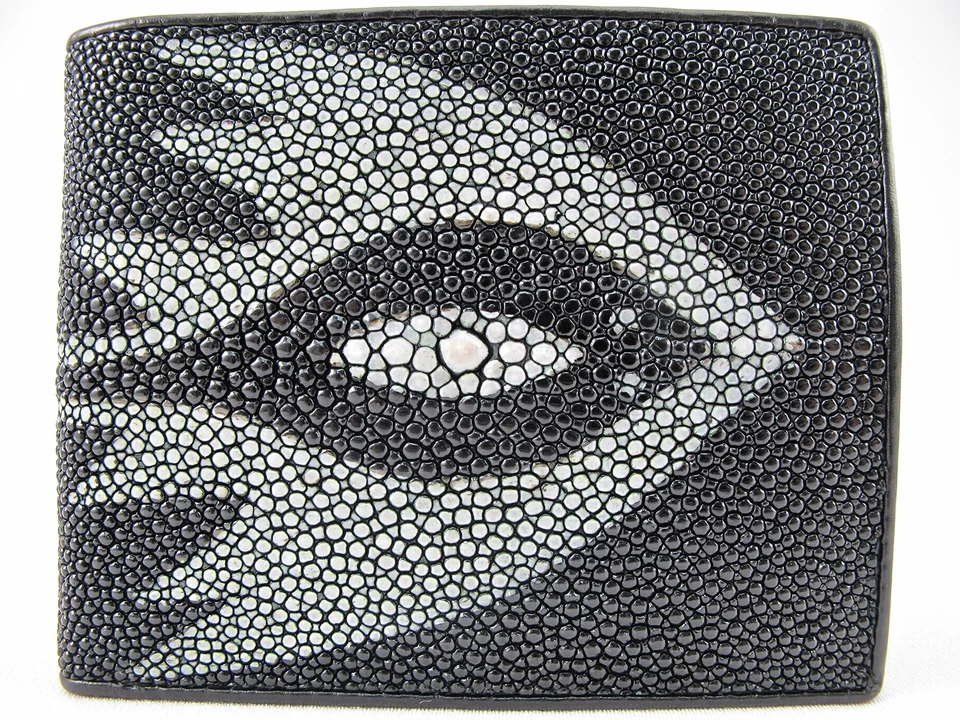 Cartera plegable de cuero genuino con piel de raya (negra) Foto 2 de 4