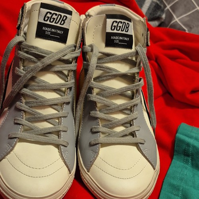 #ad #ad Golden Goose Slide Mid Top Sneaker White Gray Beige Leopard Print Lace Up Zip $200.00