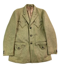 VTG 60s Lasso 38R Small Beige Western Heavy Tweed Jacket Blazer Coat Wool Retro