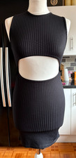VGC Ladies BOOHOO Soft Rib EBONY BLACK Stretch SEXY CUT OUT FRONT Mini Dress 8