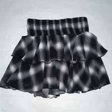 Girls M fbz Black Gray Plaid Mini Skirt Layered Ruffle Pull On Elastic Waist