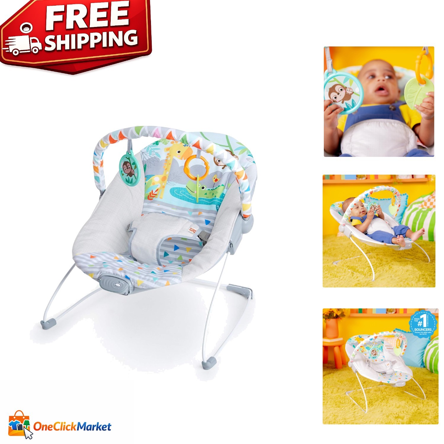 Soothing Vibrations Baby Bouncer - Safe, Portable, and Safari-Themed for Infants