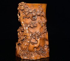 Wooden Brown Carving Chinese Brush Pot Three Friends Of Winter Symbolizing