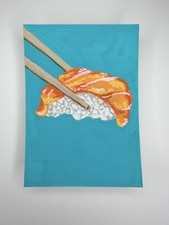 ACEO Original Salmon Sushi Roll Painting, Food Art, Cute Salmon Avocado Rice  