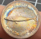 1967 Canada 10 Cents Dime 10c 80% Silver Coin w/ Blue & Orange Toning