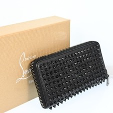 AUTH Christian Louboutin Wallet Black Leather Studs Zip Around J3192CC707