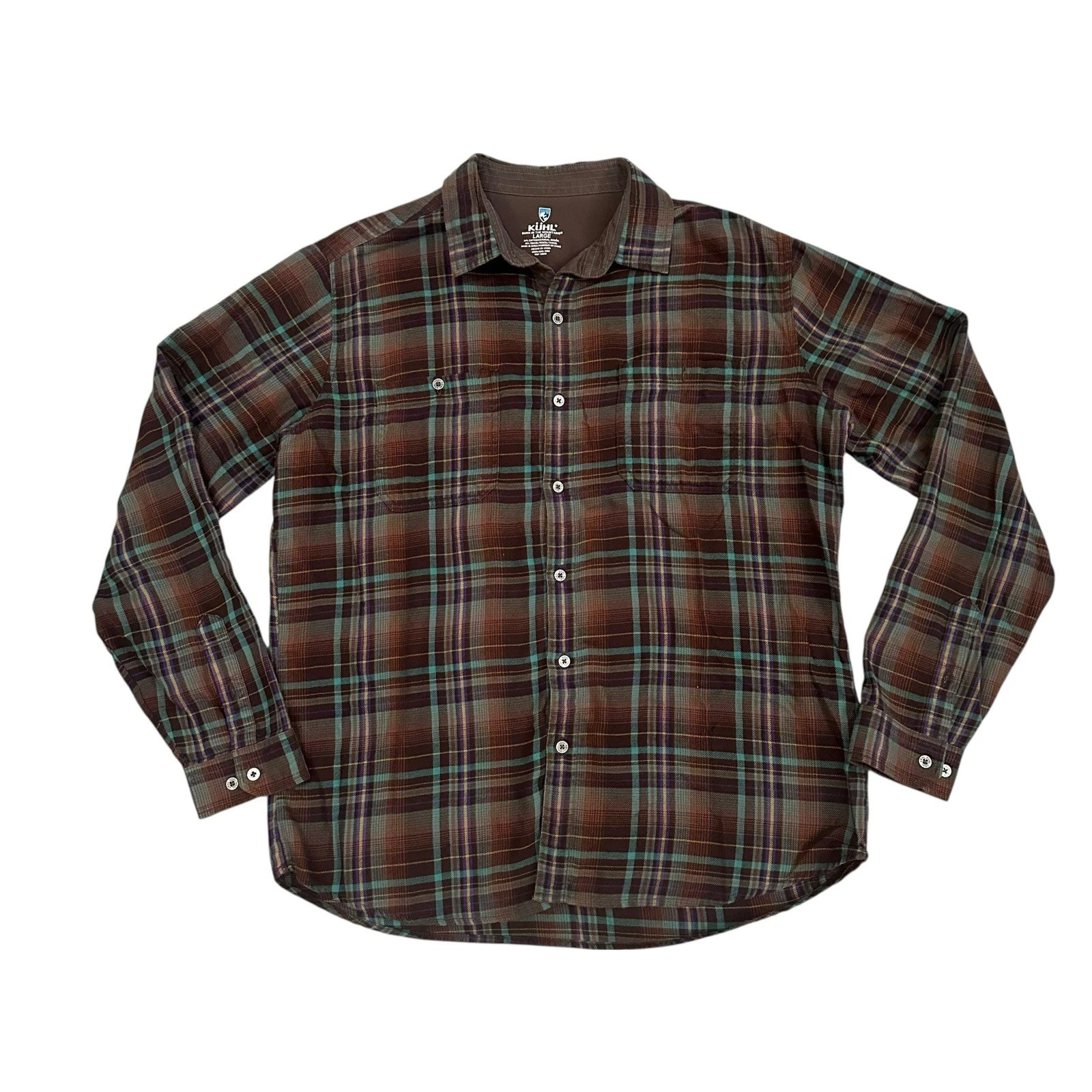 KUHL Fugitive Flannel Shirt Mens L Medium Brown Green Outdoor Hiking Workwear