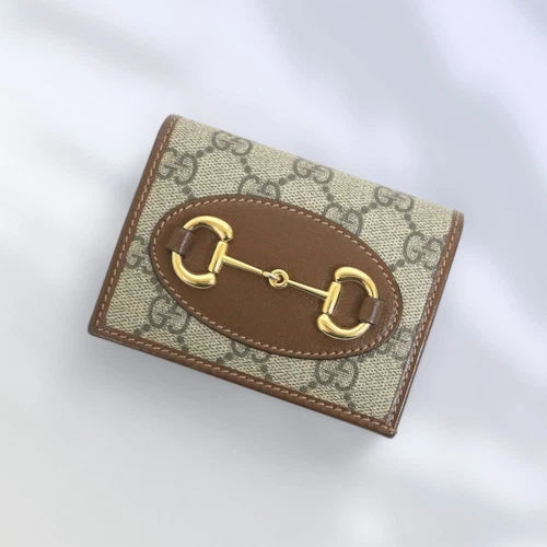 Portefeuille compact Gucci à deux volets GG Supreme Horsebit beige marron or quincaillerie