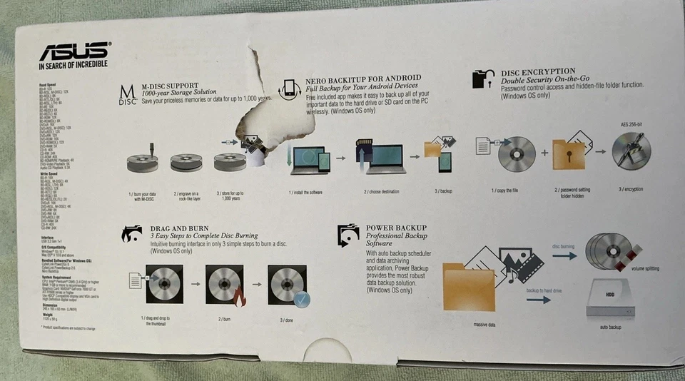 Unidad Asus Turbo USB 3.0 Externa 16x Grabadora Blu-Ray Mac/PC Modelo BW-16D1X-U NUEVA EN CAJA Foto 4 de 4