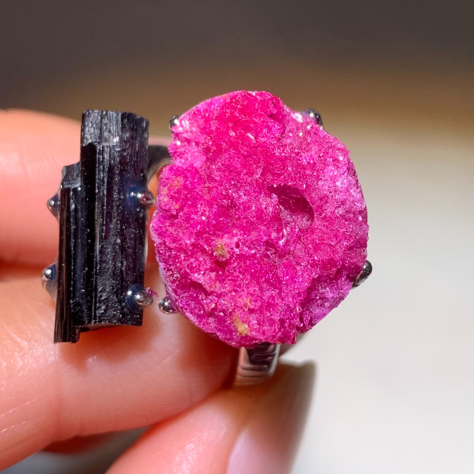 Raw Ruby&Black Tourmaline Handmade white copper Adjustable Ring