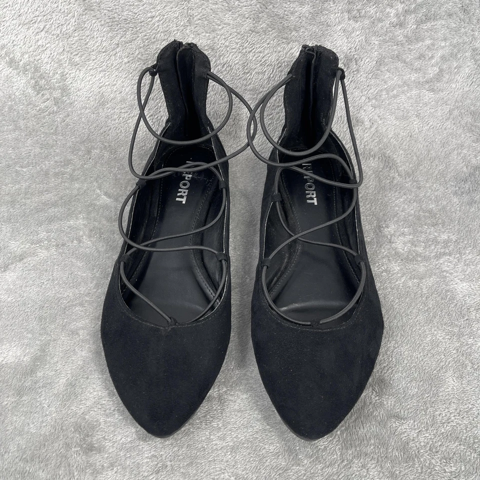 Report Ballet Shoes Women Size 8.5 Black Suede Lace Up Preppy Flats Pointed Toe - Image 3 of 4
