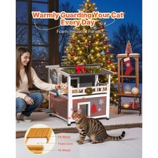 Insulated Cat House, 2-Story Wooden Cat Shelter, Foam Insulation, Feral Kitty Sh