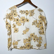 Racheal Zoe Shirt Womens Lg Off White All Linen Boxy Short Cap Floral Oversized