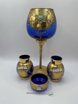 Italian Gold Gilt Set Wine Glass Salt Cellar & Spoon 2 Small Vases Hand Painted