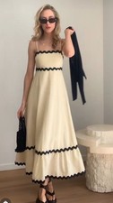 Petal & Pup Yana Maxi Dress Cream Black Cotton Tiered Trim Summer Midi Size S