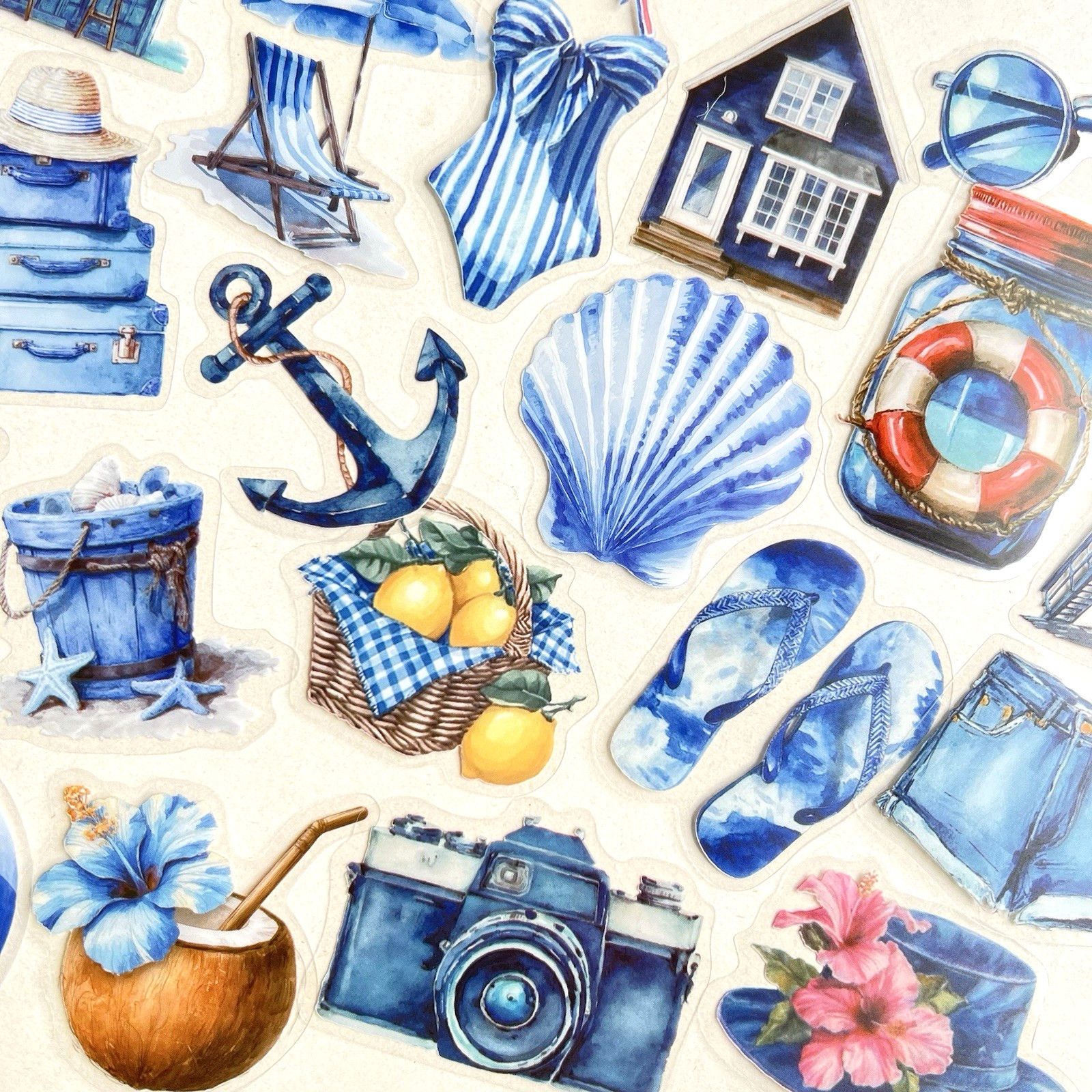 Blue Coastal Beach Picnic Flake Stickers Ocean Travel Junk Journals Collage