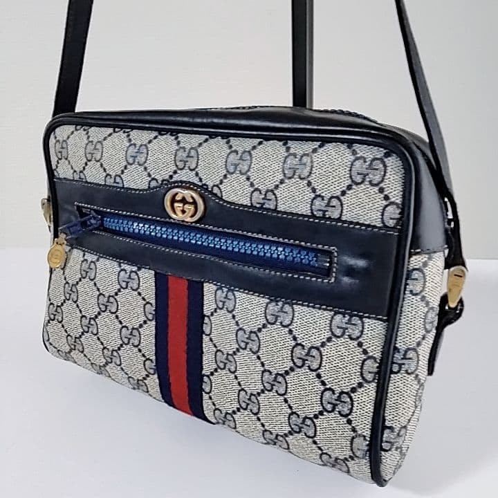 GUCCI GG Supreme Shoulder bag Sherry Line Navy PVC Leather Vintage From Japan