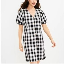 NWOT Women Loft Gingham Plaid Button V-Neck Dress Cotton Black White SZ-4