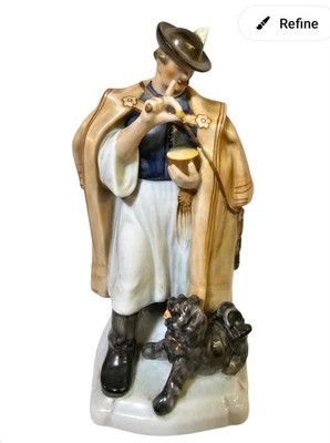 Vtg HEREND HUNGARIAN PORCELAIN - MAN w/ CLOAK & DOG FIGURINE SIGNED-A10- READ