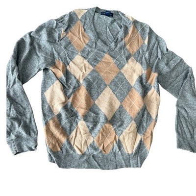 Brooks Brothers Mens XL Grey Argyle V-Neck Sweater 100% Camel Hair Luxury Preppy