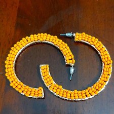 Orange Seed Beads Beaded Hoop Earrings