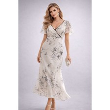 Maggy London Silk V-Neck Bias Cut Midi Dress White Floral 12 Romantic Fairy