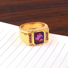 Natural Amethyst Gemstone with Gold Plated 925 Sterling Silver Men's Ring #5932