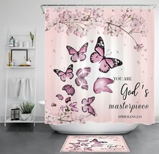 Inspirational with Pink Butterfly Floral Shower Curtain Bathroom Accessories Set