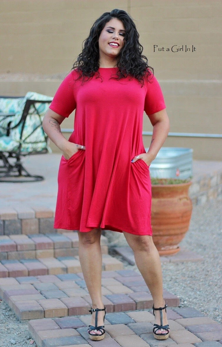 New PLUS SIZE Womens CHERRY RED SOFT VISCOSE SWING DRESS POCKETS 1X 2X |  eBay