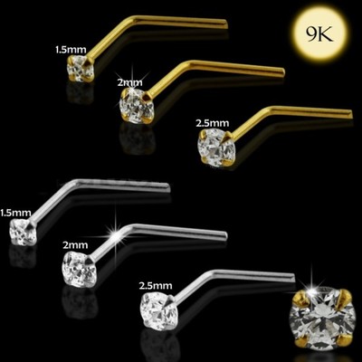 1x 22g 9K Solid White Gold 2mm CZ Gem L-Shaped Nose Ring Stud Pin Bar 9KNS008