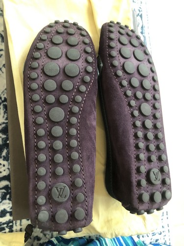 Louis Vuitton Purple Grey Suede LV Logo Slip On Loafers Moccasins 37.5 - Picture 4 of 8
