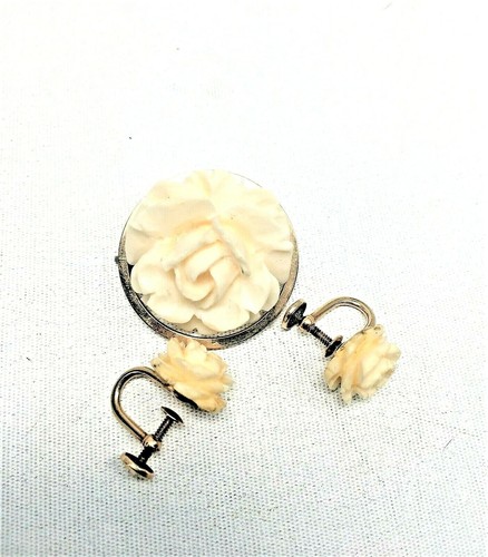 Vintage Carved Celluloid White Rose Set with Gold Fill Settings - Picture 6 of 6