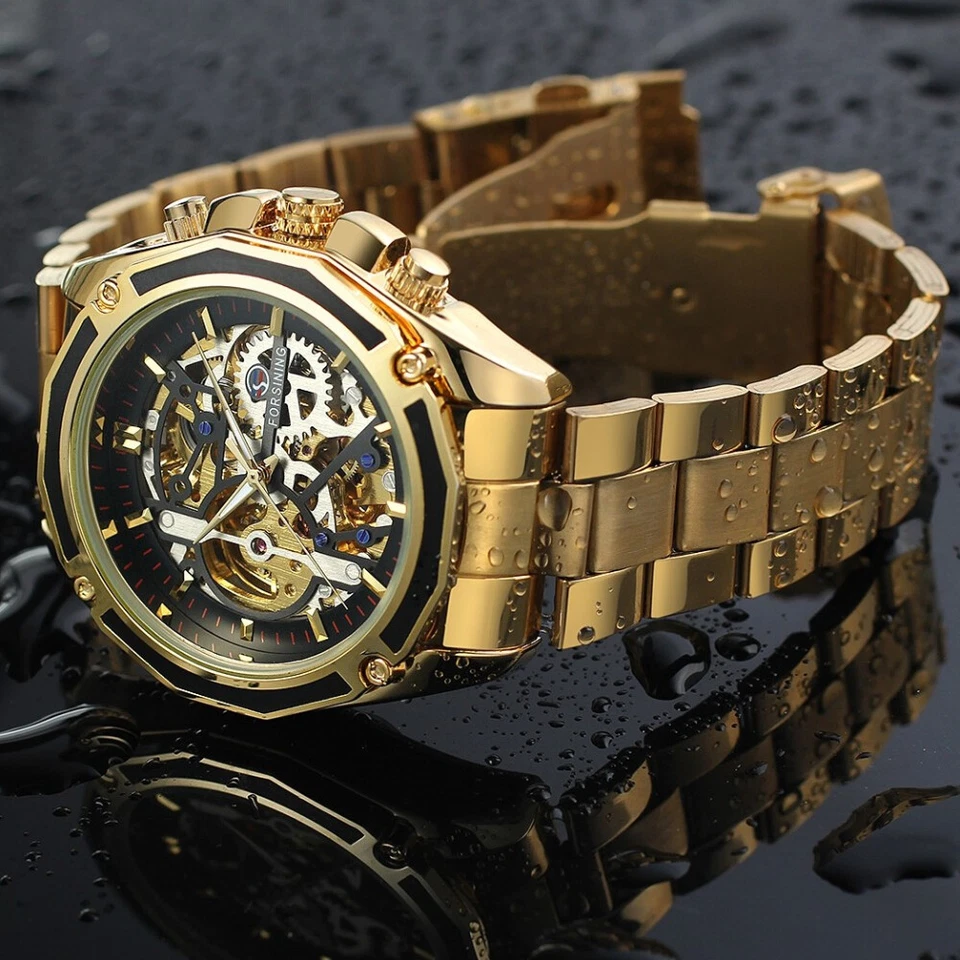 Reloj mecánico de lujo dorado esqueleto automático cuerda automática para hombre correa de acero sin precio base Foto 3 de 4
