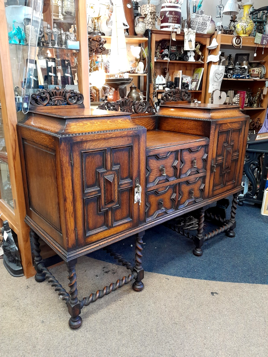 Antique Sideboard Buffet Server Jacobean Barley Twist Oak Cabinet Home  Cottage - Main Image