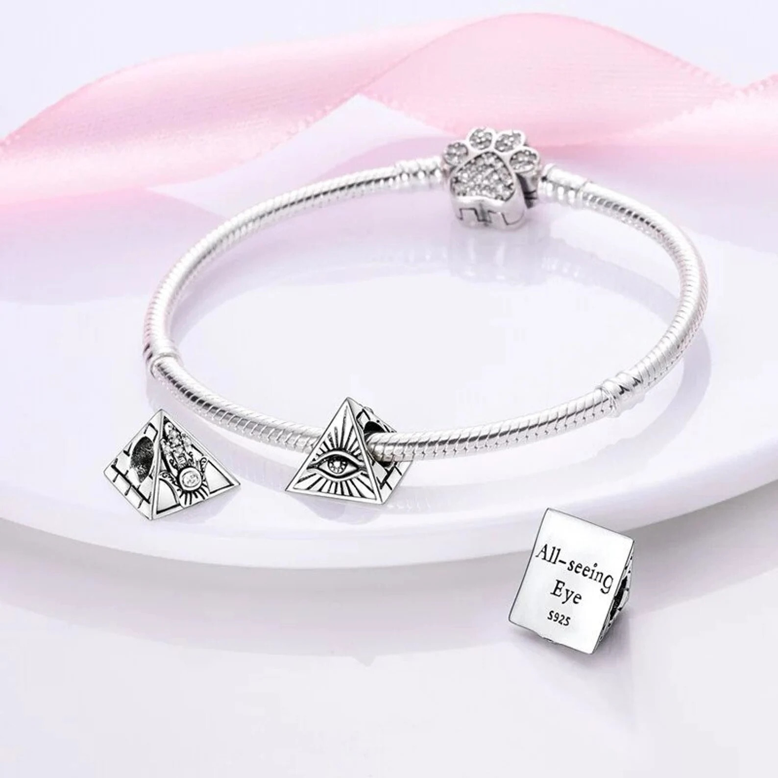 Genuine 925 Sterling Silver All-Seeing Pyramid Eye of Fatima Charm Pendant