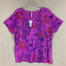 Gitano Womens Top 22/24 Plus Size Embellished Purple Floral T Shirt V Neck