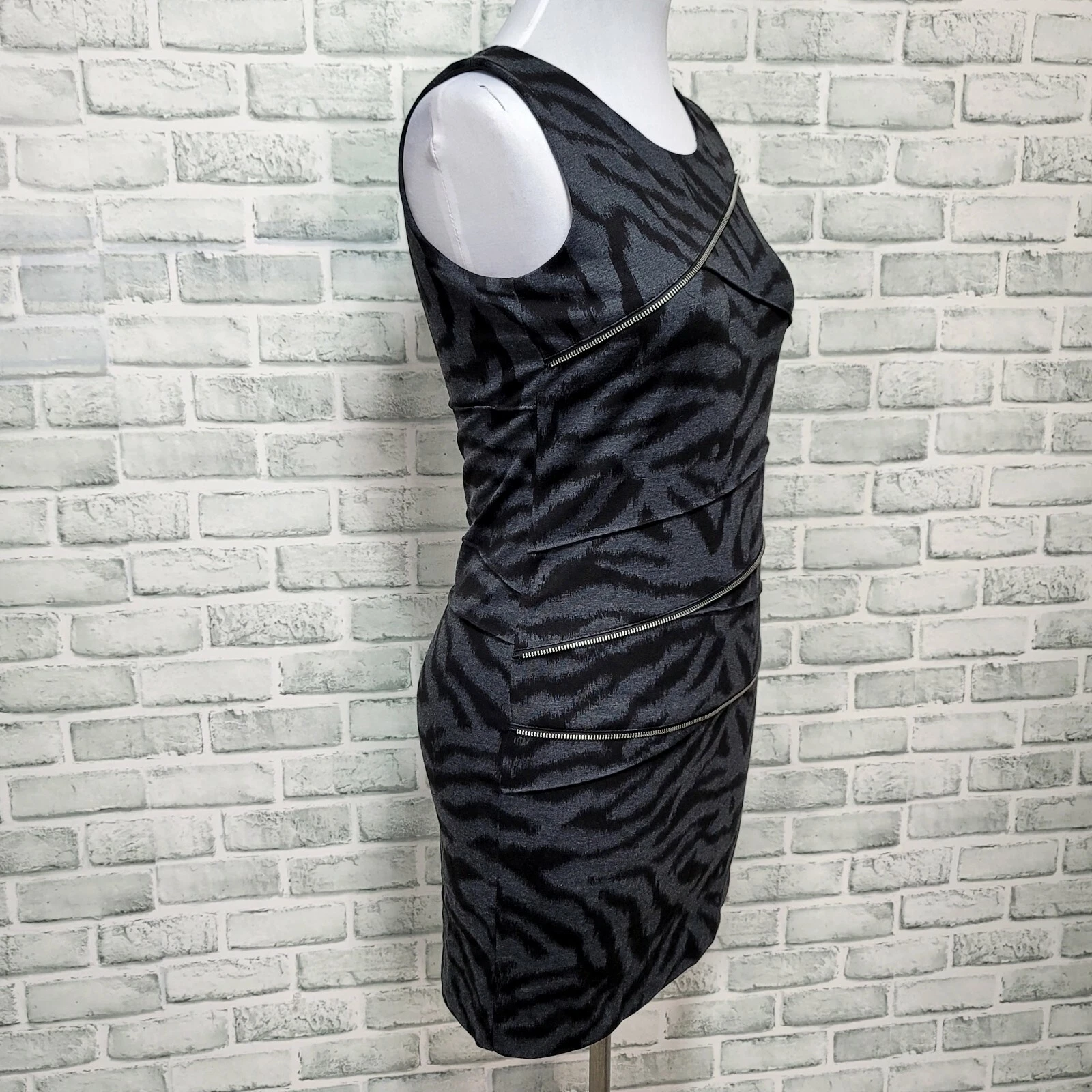 Abito Michael Kors 6 senza maniche stampa zebrata dettaglio cerniera bodycon mini dress