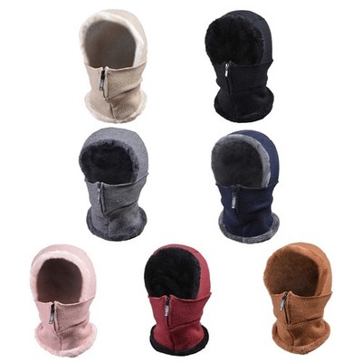 Women Winter Knit Balaclava Beanie Hat Zipper Up Face Mask Plush Lined Cap Scarf