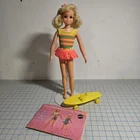 1970 Mattel Living Fluff Doll #1143 with Original Outfit and Yellow Skateboard