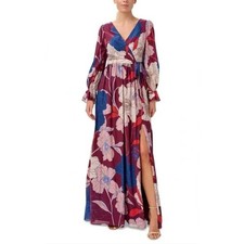 Adrianna Papell Womens Dress Gown Floral 14 Chiffon Front Tie Lined $249 MSRP
